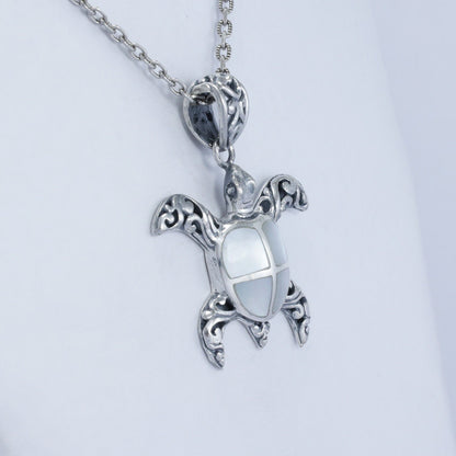 white Turtle pendant 925 sterling silver decorated with swirl filigree ornament and white shell