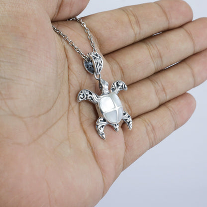 white Turtle pendant 925 sterling silver decorated with swirl filigree ornament and white shell