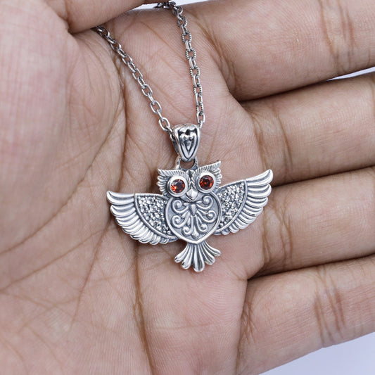 wisdom owl pendant 925 sterling silver with genuine red garnet