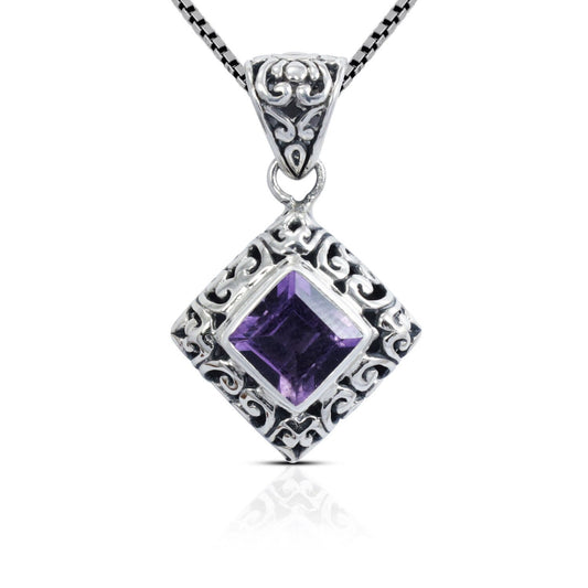 Amethyst Pendant Necklace square bezel set 925 sterling silver, 7*7 mm square amethyst