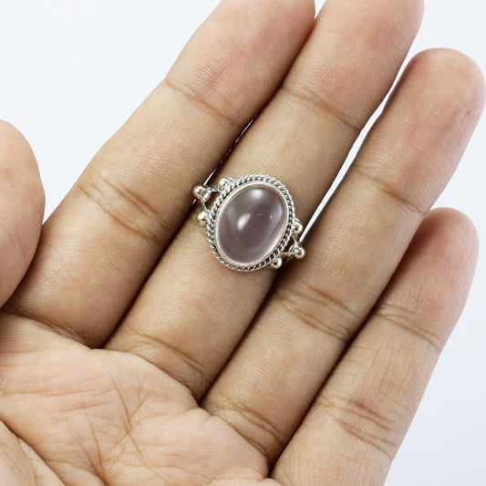 oval rose quartz ring 925 sterling silver with cable style ornament