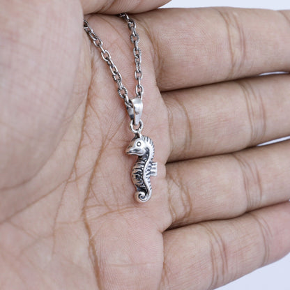 silver sea horse pendant necklace 925 sterling silver with antique finished