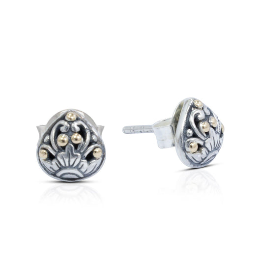 tiny stud earrings 925 sterling silver decorated with filigree flower ornament and 18K yellow gold