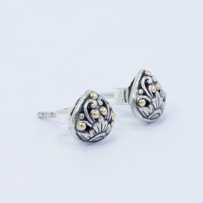 tiny stud earrings 925 sterling silver decorated with filigree flower ornament and 18K yellow gold