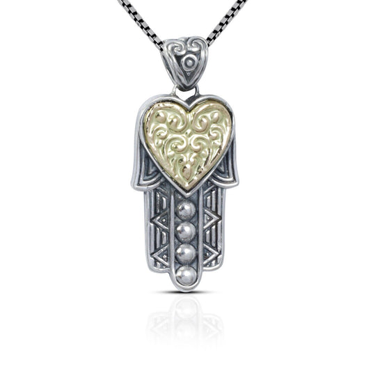 925 sterling silver hamsa hand pendant with genuine 18K yellow gold decorated with filigree