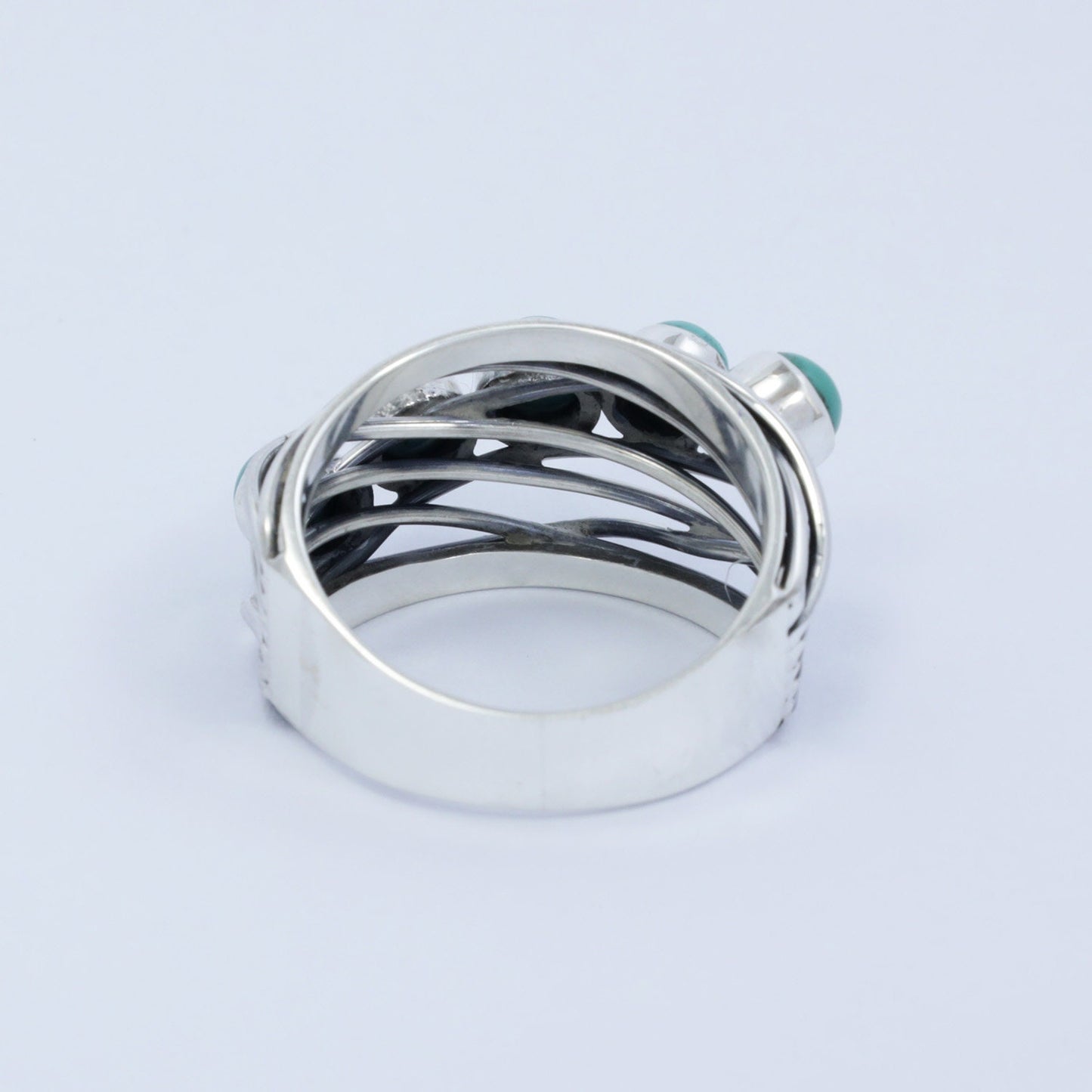 turquoise ring with woven style shank 925 sterling silver with genuine turquoise