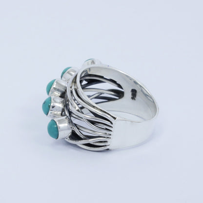 turquoise ring with woven style shank 925 sterling silver with genuine turquoise