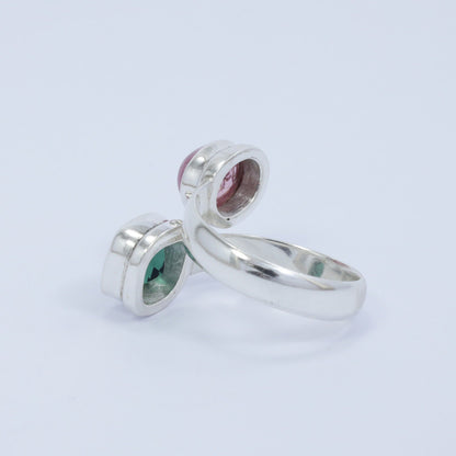 Bypass ring 925 sterling silver with genuine pink tourmaline and green quarts