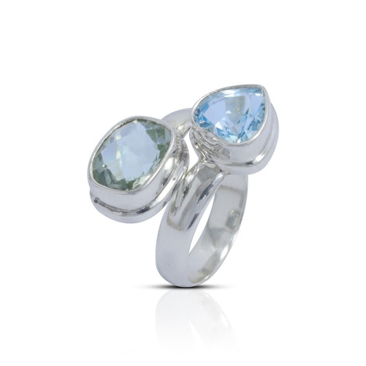 green amethyst ring 925 sterling silver bypass style with blue topaz
