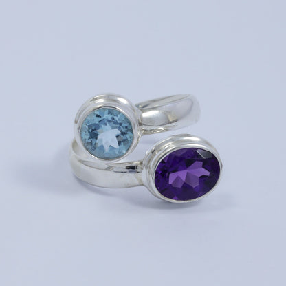 blue topaz and amethyst ring 925 sterling silver bypass style