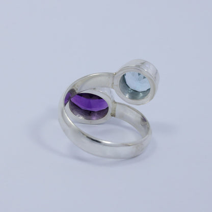 blue topaz and amethyst ring 925 sterling silver bypass style