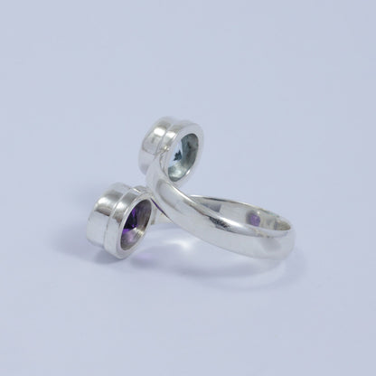 blue topaz and amethyst ring 925 sterling silver bypass style