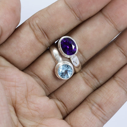 blue topaz and amethyst ring 925 sterling silver bypass style