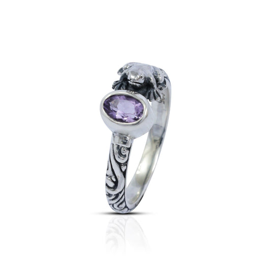 frog ring 925 sterling silver with cable style ornament and genuine amethyst