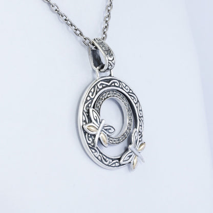 circle pendant 925 sterling silver with dragonfly ornament, 18K gold and white crystal