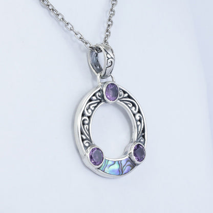 amethyst pendant circle shape 925 sterling silver with abalone shell and filigree ornament