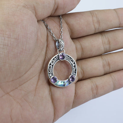 amethyst pendant circle shape 925 sterling silver with abalone shell and filigree ornament