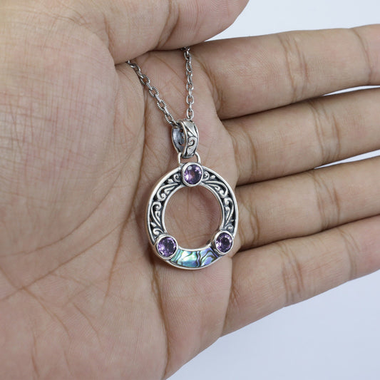 amethyst pendant circle shape 925 sterling silver with abalone shell and filigree ornament
