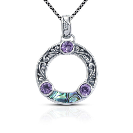 amethyst pendant circle shape 925 sterling silver with abalone shell and filigree ornament