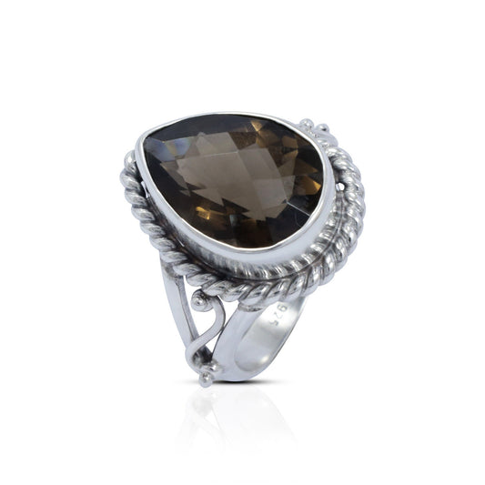 smokey quarts ring 925 sterling silver with split shank ring decorated with cable style