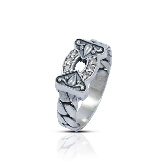 chain ring 925 sterling silver with filigree ornament and white crystal micro setting