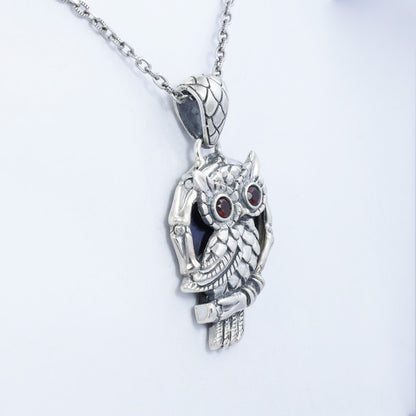owl pendant necklace 925 sterling silver with genuine red garnet and black shell background with antique finishing