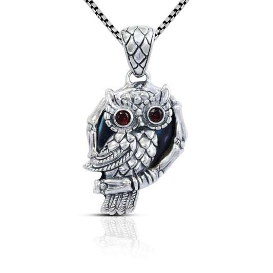 owl pendant necklace 925 sterling silver with genuine red garnet and black shell background with antique finishing