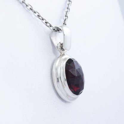 red garnet pendant necklace 925 sterling silver bezel set oval shape