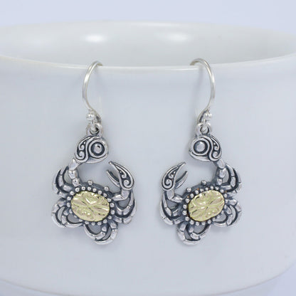 silver crab earrings 925 sterling silver decorated with genuine 18K yellow gold ornament