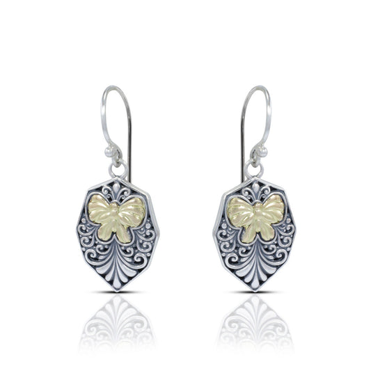silver and gold earrings with filigree ornament art and genuine 18K yellow gold