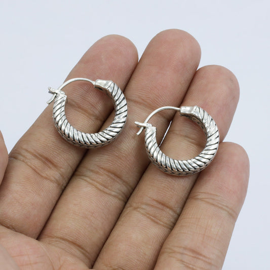 silver hoop earrings 925 sterling silver decorated with chain filigree ornament and antique finishing
