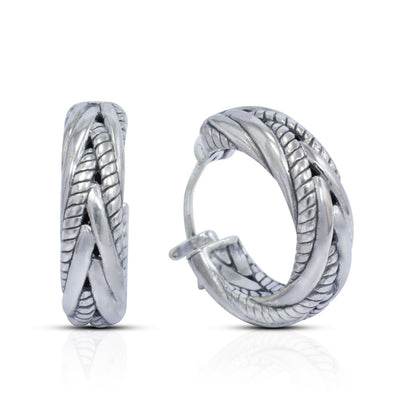 Hoop earrings 925 sterling silver decorated with woven art and push back closure