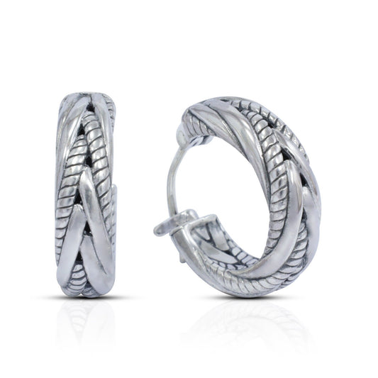 Hoop earrings 925 sterling silver decorated with woven art and push back closure