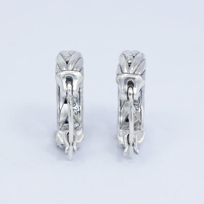 Hoop earrings 925 sterling silver decorated with woven art and push back closure