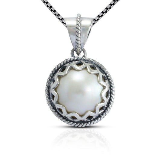 mabe pearl pendant 925 sterling silver decorated with cable ornament and woven backside