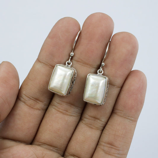 square pearl earrings dangle drop 925 sterling silver decorated with swirl filigree ornament