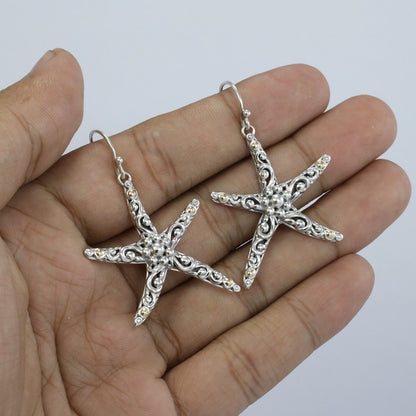 star fish earrings 925 sterling silver with 18K yellow gold and filigree ornament