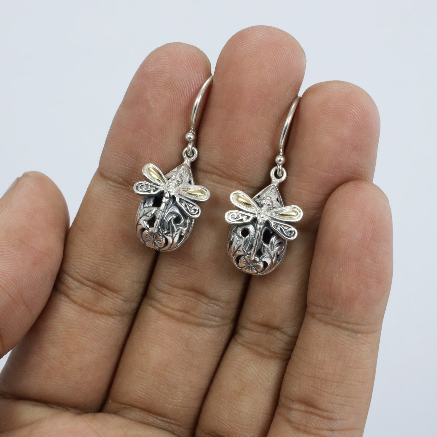 teardrop earrings 925 sterling silver with 18k yellow gold and filigree ornament