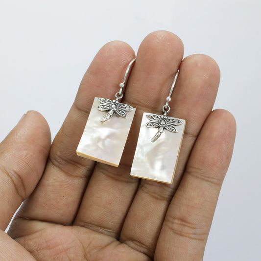 dragonfly earrings dangle 925 sterling silver with genuine blister shell