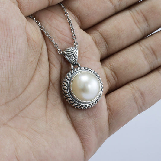 mabe pearl pendant 925 sterling silver with rope chain edge ornament