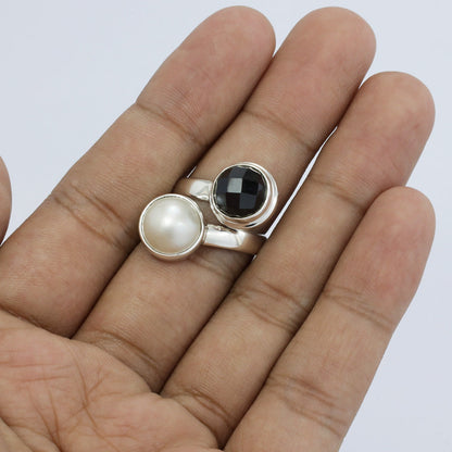 black and with ring 925 sterling silver bypass style bezel set genuine white mabe pearl and natural onyx