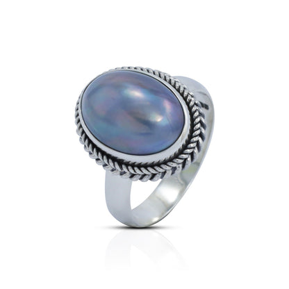 blue pearl ring 925 sterling silver oval shape decorated with rope chain bezel edge