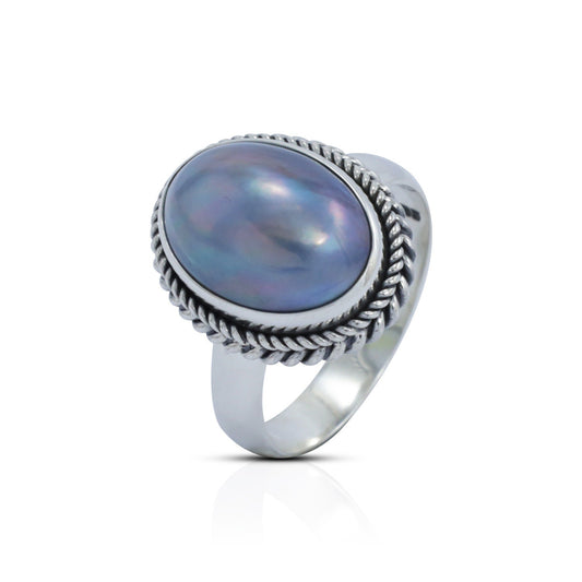 blue pearl ring 925 sterling silver oval shape decorated with rope chain bezel edge