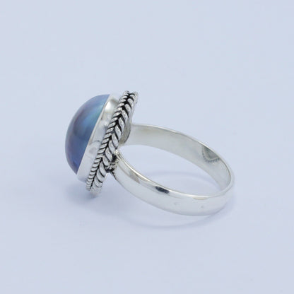 blue pearl ring 925 sterling silver oval shape decorated with rope chain bezel edge