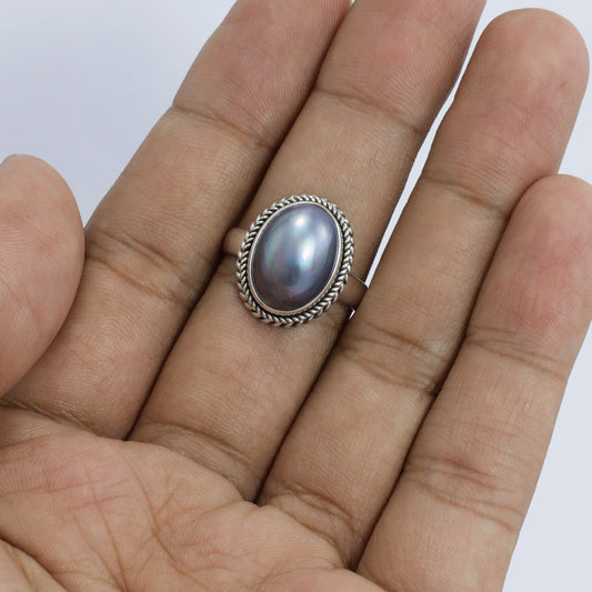 blue pearl ring 925 sterling silver oval shape decorated with rope chain bezel edge