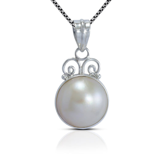 white Mabe pearl pendant necklace 925 sterling silver decorated with swirl filigree and bezel set