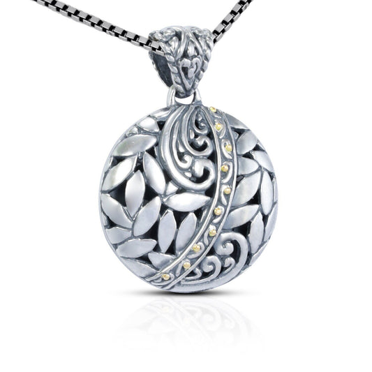 925 sterling silver pendant necklace decorated with beautiful ornament art Bali inspired and 18K yellow gold dot