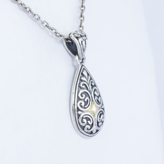 Tear drop pendant 925 sterling silver decorated with 18K yellow gold and beautiful filigree ornament