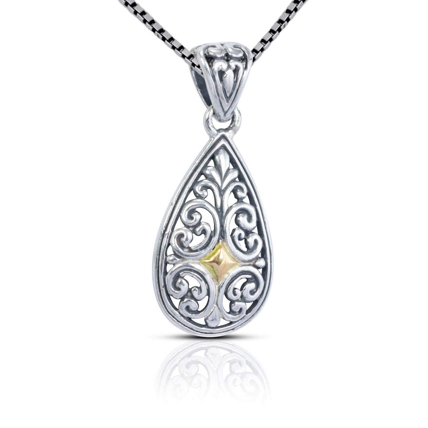 Tear drop pendant 925 sterling silver decorated with 18K yellow gold and beautiful filigree ornament