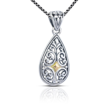 Tear drop pendant 925 sterling silver decorated with 18K yellow gold and beautiful filigree ornament
